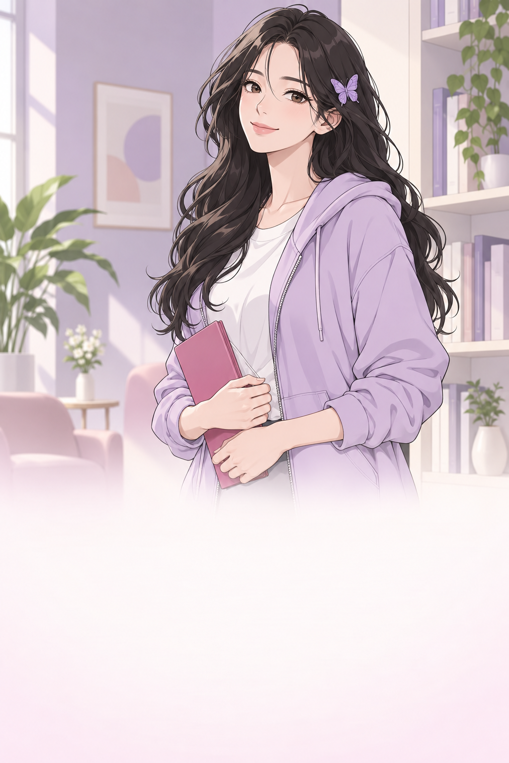 분홍 노트를 안고 웃는 보라 나비핀의 긴 머리 여자