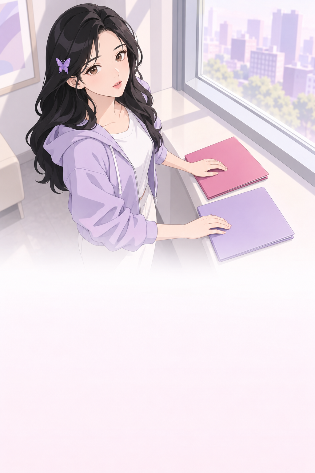 창가 책상에서 노트 두 권에 손을 얹은 라벤더 후드 차림의 여자